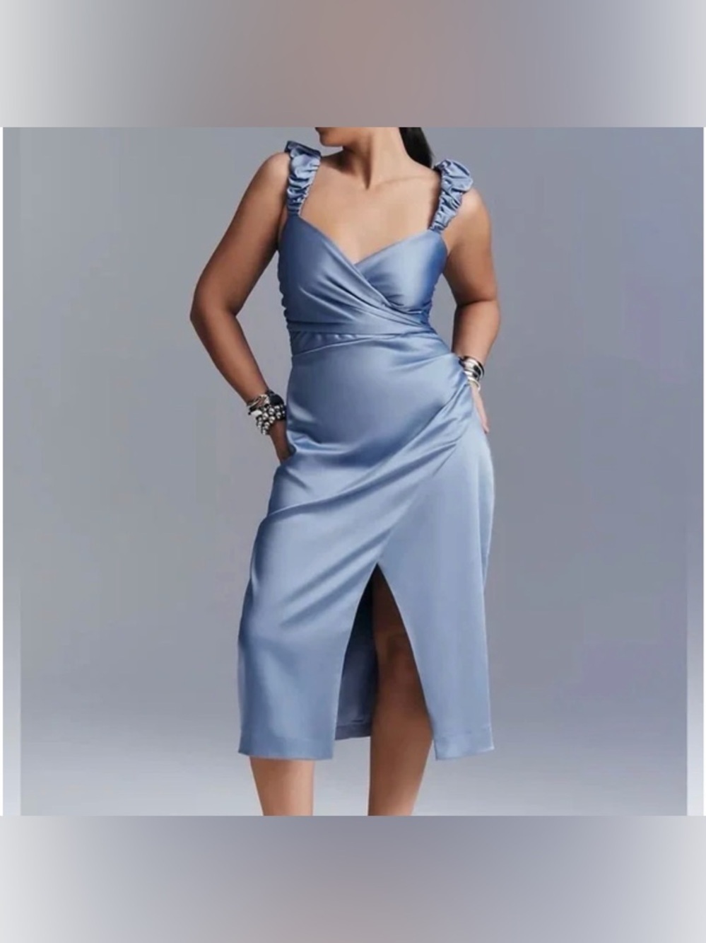 Anthropologie Ruched Sweetheart Dress Slate Blue NEW Midi Wrap Slit Sleeveless - Picture 3 of 5